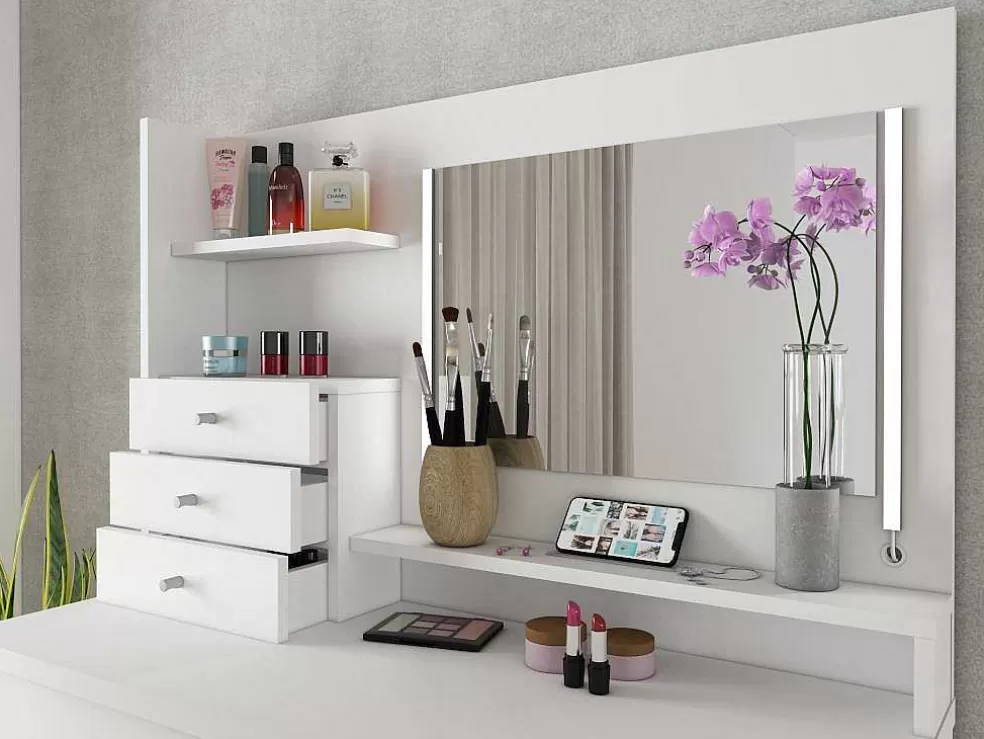 Vente-unique Toucador Com Espelho, Leds E Espacos De Arrumação Em Branco - Giuliana* Toucador