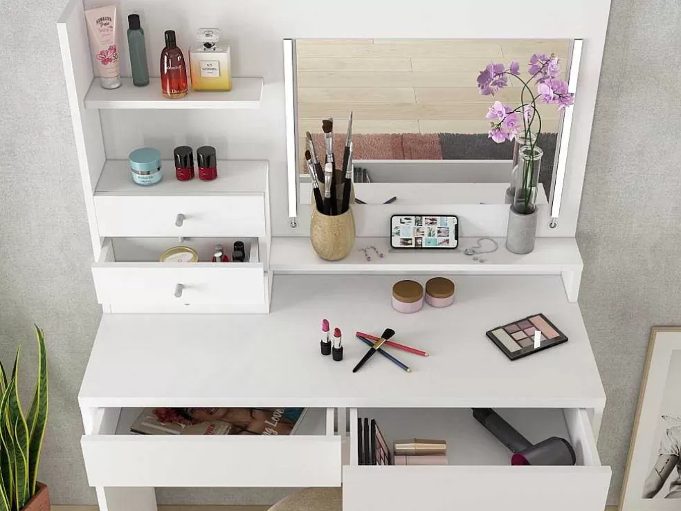Vente-unique Toucador Com Espelho, Leds E Espacos De Arrumação Em Branco - Giuliana* Toucador