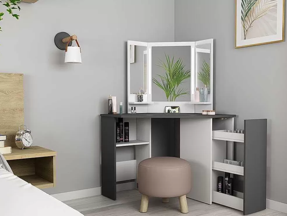 Vente-unique Toucador De Canto - Espelho Com Leds E Arrumação - Branco E Cinza - Charlene* Toucador