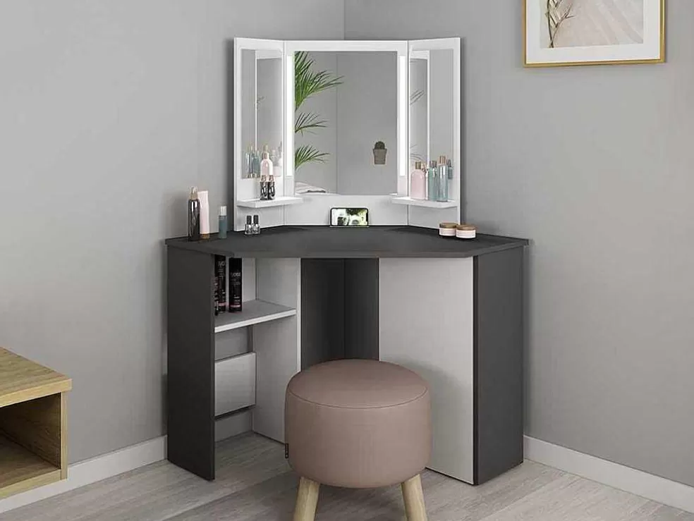 Vente-unique Toucador De Canto - Espelho Com Leds E Arrumação - Branco E Cinza - Charlene* Toucador