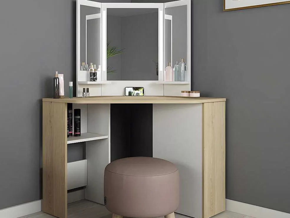 Vente-unique Toucador De Canto - Espelho Com Leds E Arrumação - Branco E Cinza - Charlene* Toucador