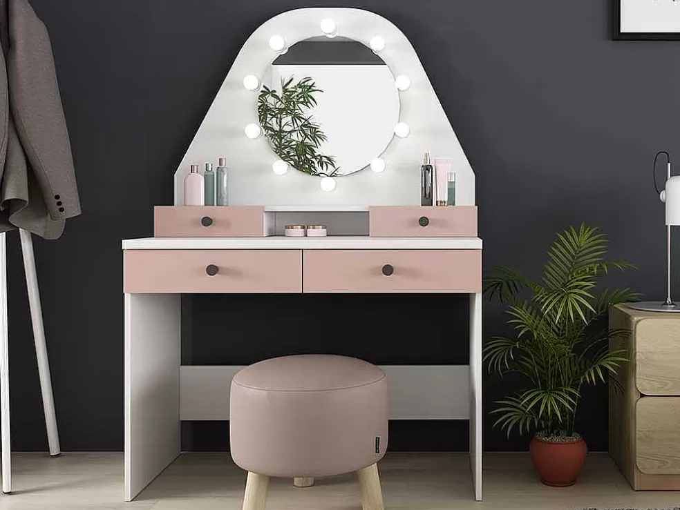Vente-unique Toucador Gabriela - Espelho Com Leds E Arrumação - Branco E Rosa* Toucador