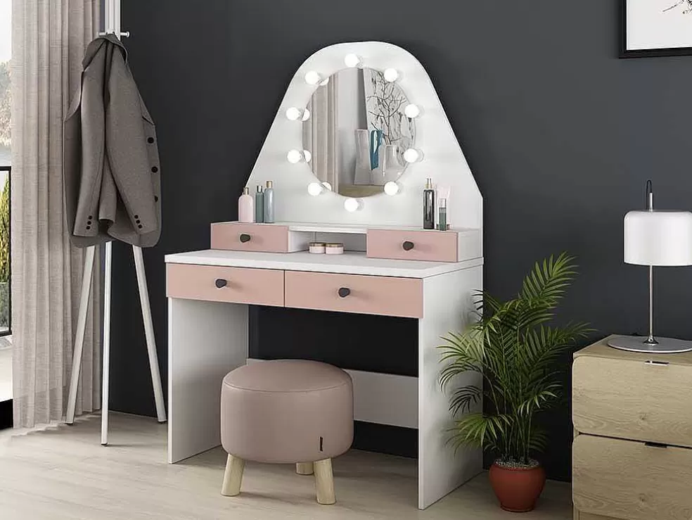 Vente-unique Toucador Gabriela - Espelho Com Leds E Arrumação - Branco E Rosa* Toucador