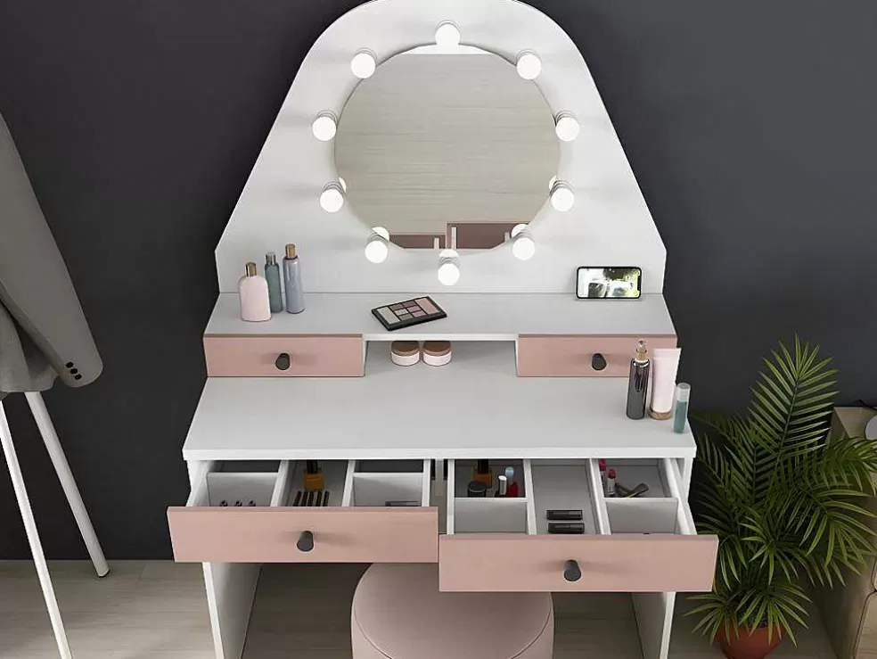 Vente-unique Toucador Gabriela - Espelho Com Leds E Arrumação - Branco E Rosa* Toucador