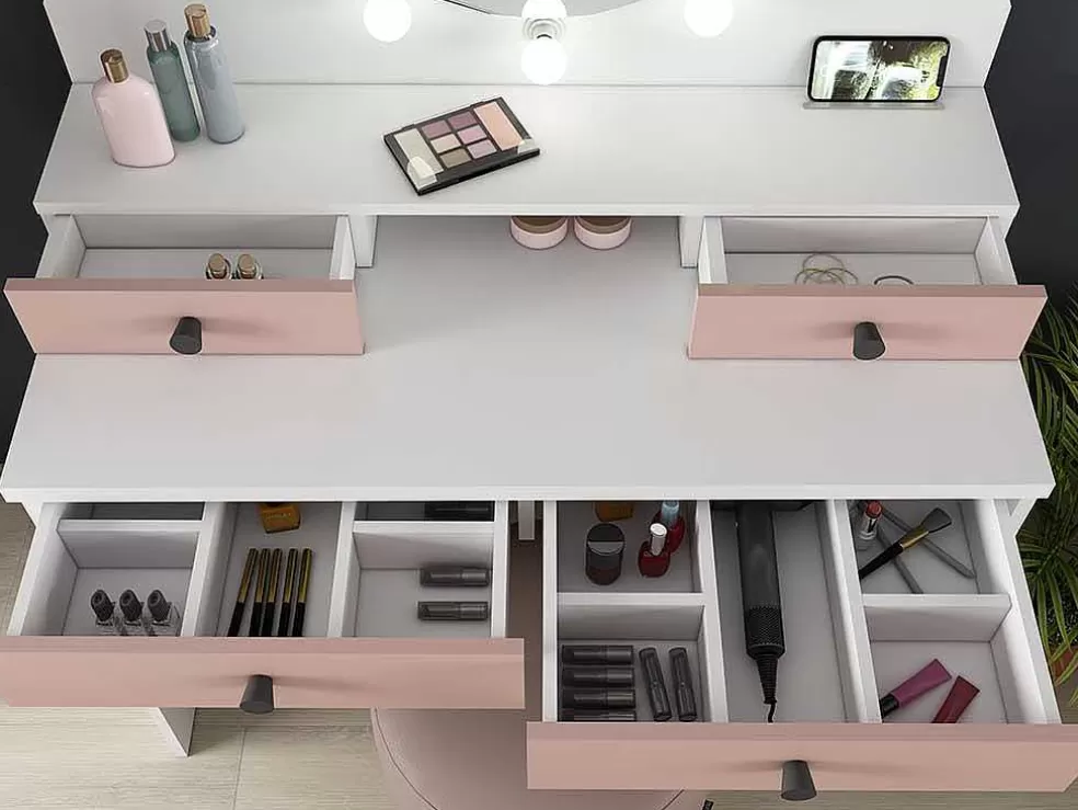 Vente-unique Toucador Gabriela - Espelho Com Leds E Arrumação - Branco E Rosa* Toucador