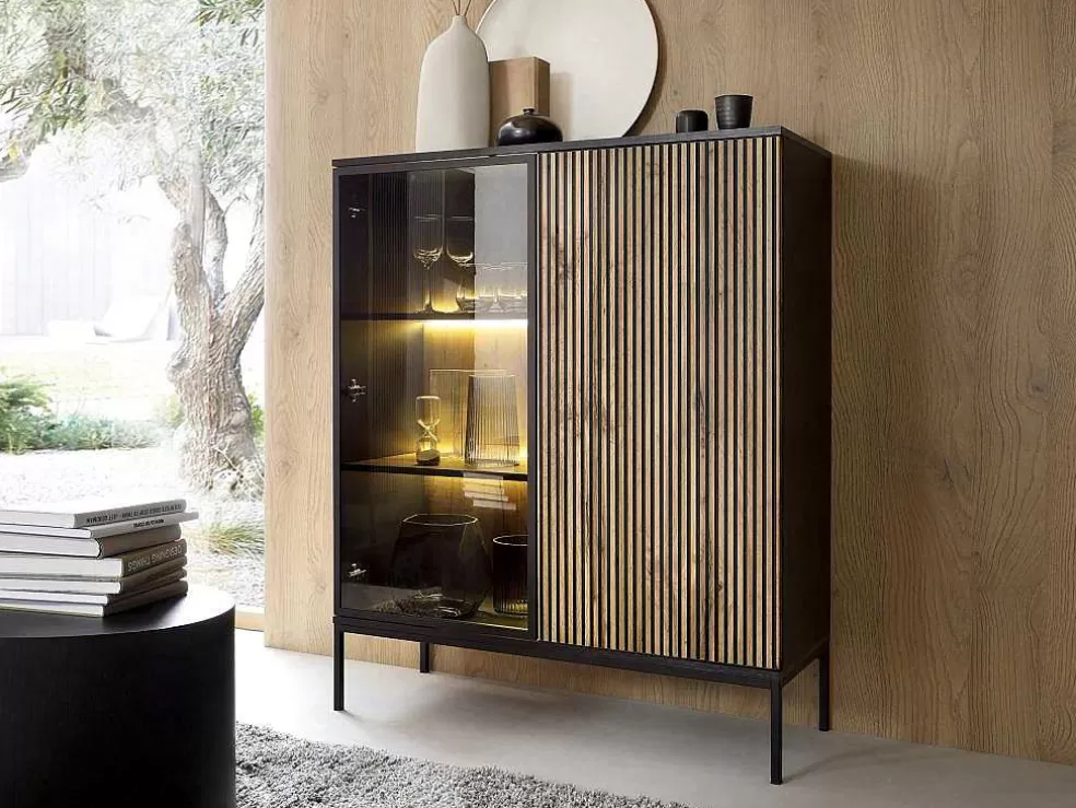 Vente-unique Vitrina 2 Portas Com Leds Mdf E Vidro Fumado Preto E Natural - Ovila* Biblioteca, Vitrina, Estante
