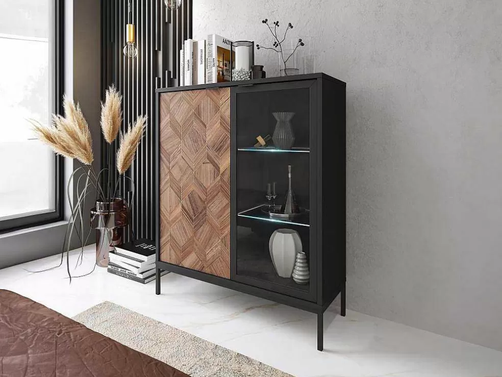 Vente-unique Vitrina 2 Portas Com Leds Preto E Natural Escuro - Mialine* Biblioteca, Vitrina, Estante