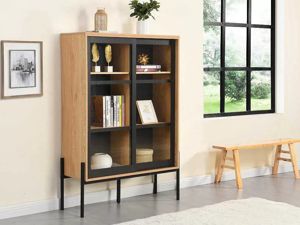 Vente-unique Vitrina Com 2 Portas Deslizantes Natural Claro E Preto - Memphis Ii* Promoções Sala