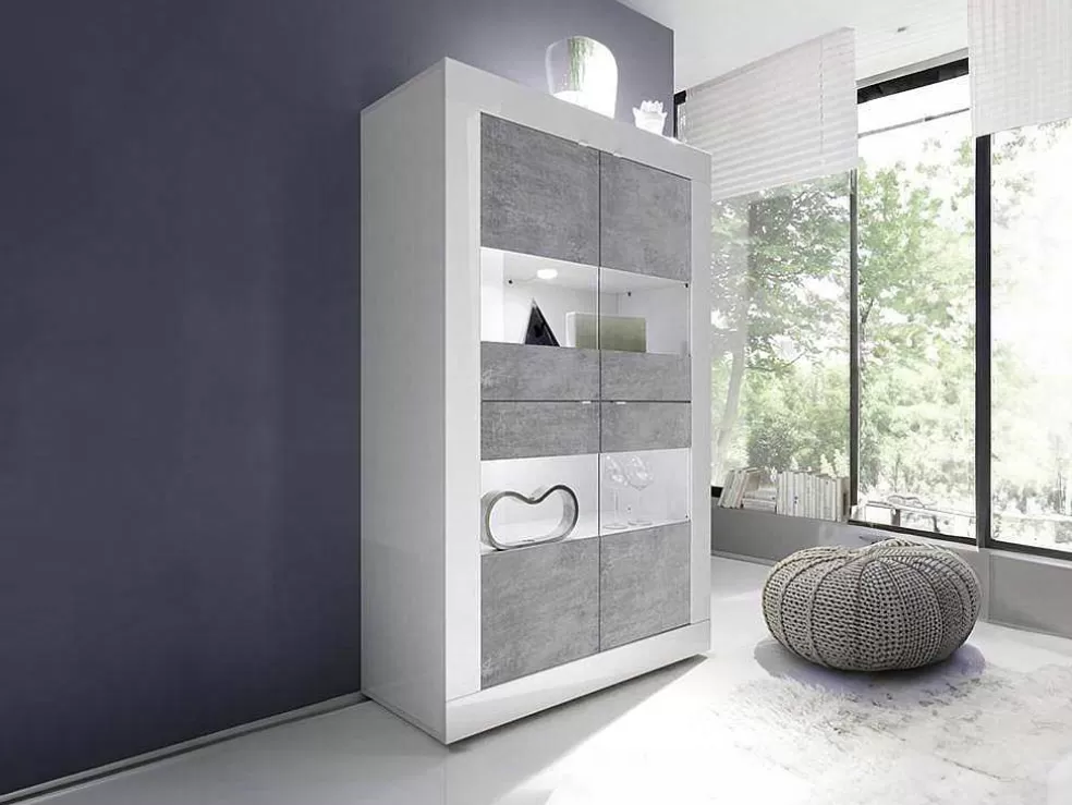 Vente-unique Vitrina Com Leds E 4 Portas Disponivel Em Branco Lacado E Cimento - Comete* Biblioteca, Vitrina, Estante
