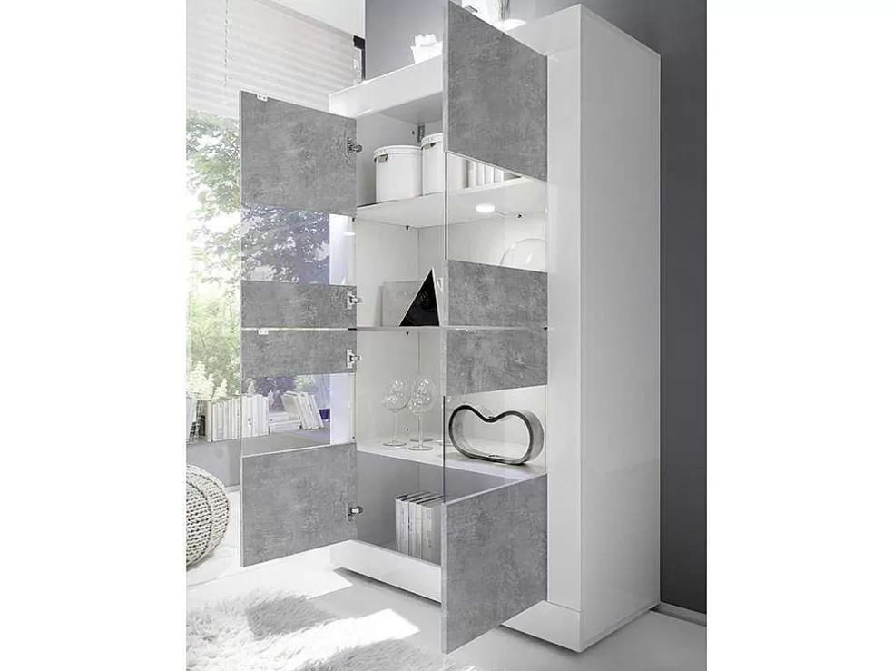 Vente-unique Vitrina Com Leds E 4 Portas Disponivel Em Branco Lacado E Cimento - Comete* Biblioteca, Vitrina, Estante