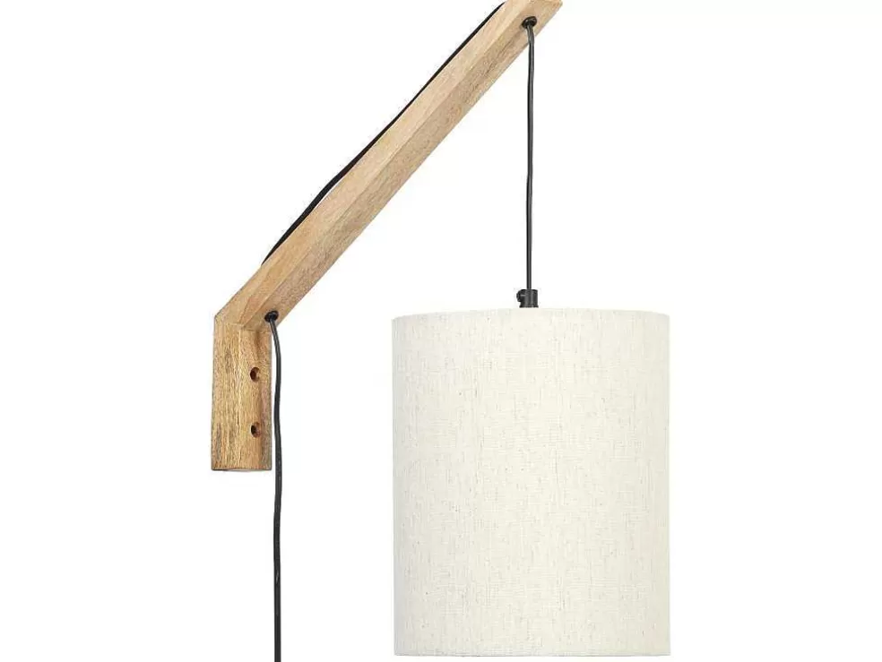 OZAIA Aplique De Parede Escandinavo Madeira De Mangueira E Tecido D. 21 X A. 36 Cm Natural Claro E Bege - Paliana* Candeeiro De Parede