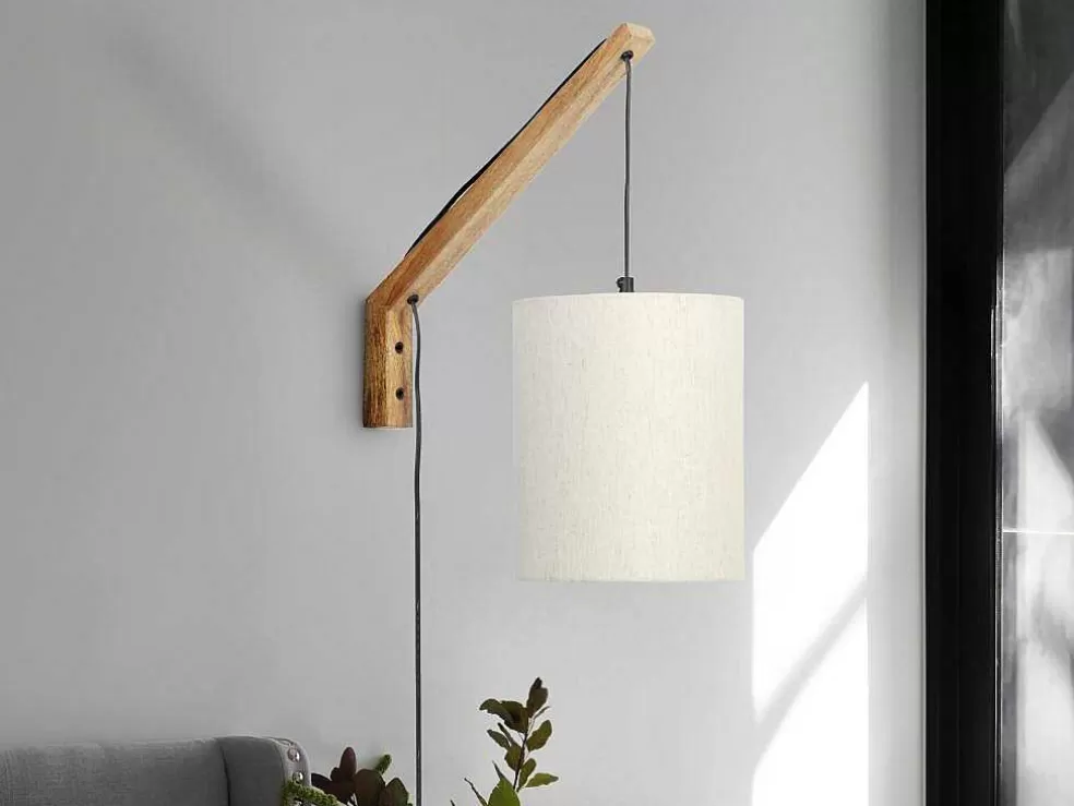 OZAIA Aplique De Parede Escandinavo Madeira De Mangueira E Tecido D. 21 X A. 36 Cm Natural Claro E Bege - Paliana* Candeeiro De Parede