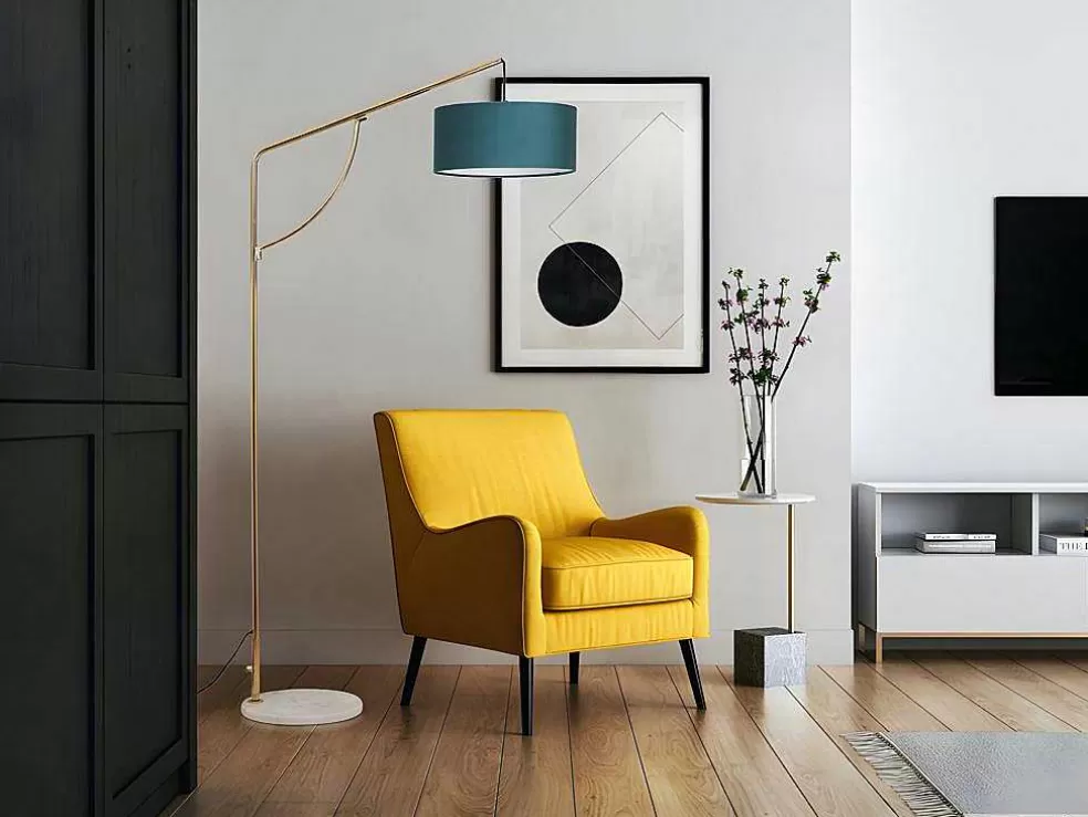 OZAIA Candeeiro De Pe Em Arco Estilo Art Deco Latao E Marmore Em Veludo De A. 164 Cm Cor Azul-Esverdeado - Nour* Candeeiro De Pe