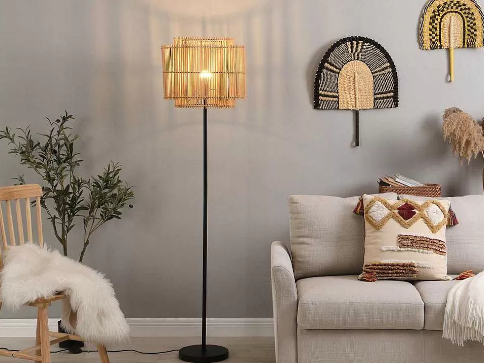 OZAIA Candeeiro De Pe Etnico Em Bambu E Metal Cor Preto De D.40 X A.157,5 Cm - Parana* Candeeiro De Pe