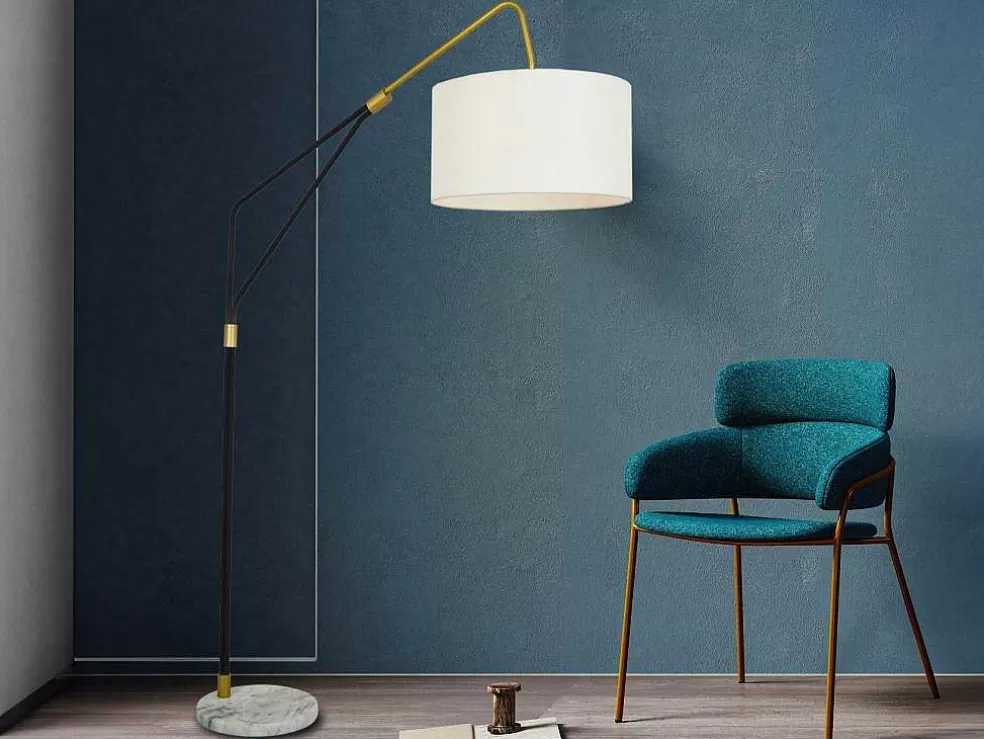 OZAIA Candeeiro De Pe Metal, Linho E Marmore C122 X A180 Cm Branco, Preto E Dourado - Masdar* Candeeiro De Pe