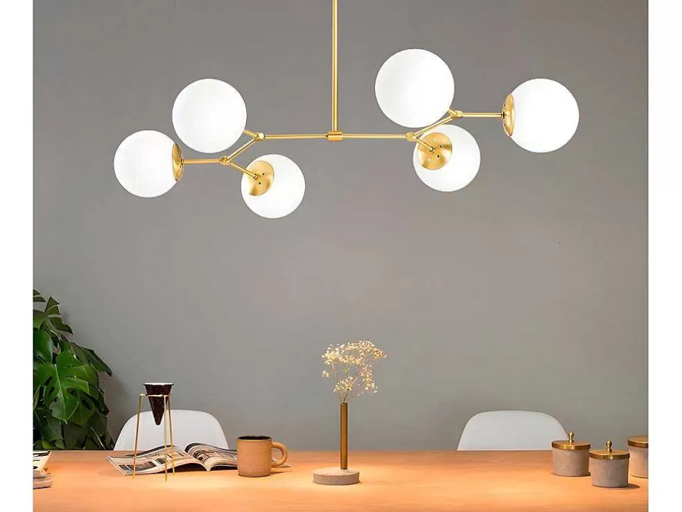 OZAIA Candeeiro De Teto Em Metal 6 Globos De C. 100 X A. 52 Cm Cor Dourado E Branco - Damar* Candeeiro Suspenso