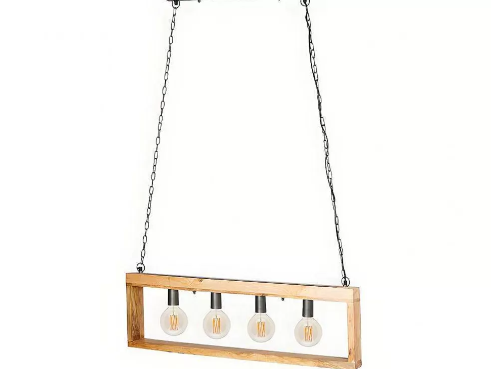 OZAIA Candeeiro De Teto Industrial Estrutura Retangular Em Madeira Madeira E Metal - 4 Lampadas - A. 31 X C.100 Cm - Natural E Preto - Olius* Candeeiro Suspenso