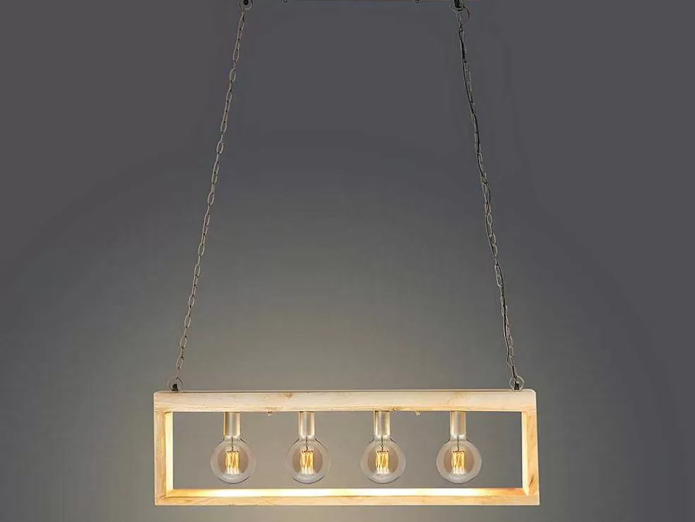 OZAIA Candeeiro De Teto Industrial Estrutura Retangular Em Madeira Madeira E Metal - 4 Lampadas - A. 31 X C.100 Cm - Natural E Preto - Olius* Candeeiro Suspenso