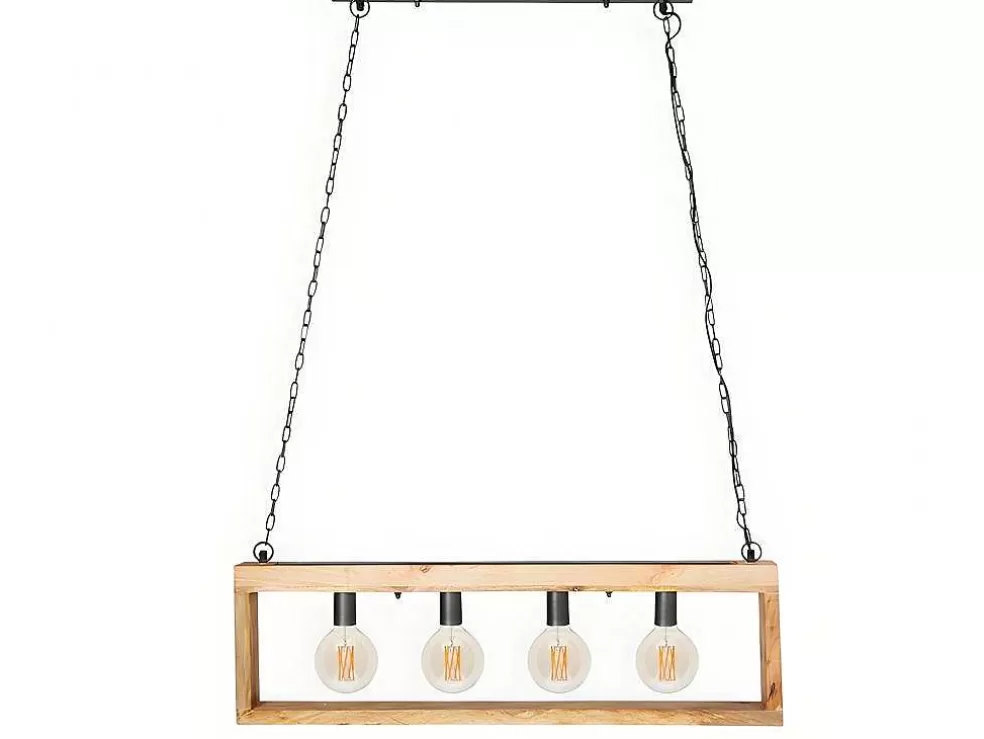 OZAIA Candeeiro De Teto Industrial Estrutura Retangular Em Madeira Madeira E Metal - 4 Lampadas - A. 31 X C.100 Cm - Natural E Preto - Olius* Candeeiro Suspenso