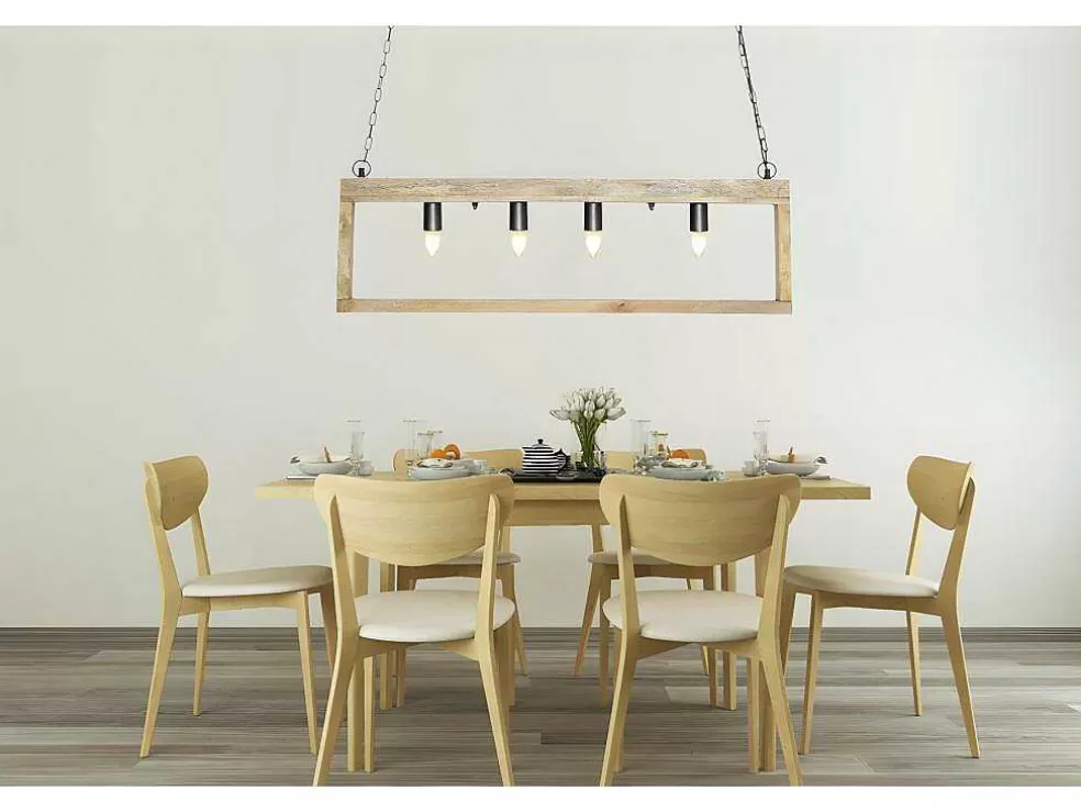 OZAIA Candeeiro De Teto Industrial Estrutura Retangular Em Madeira Madeira E Metal - 4 Lampadas - A. 31 X C.100 Cm - Natural E Preto - Olius* Candeeiro Suspenso