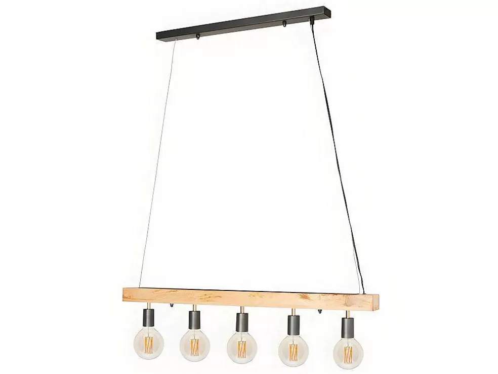 Vente-unique Candeeiro De Teto Viga De Madeira 5 Lampadas Estilo Industrial Madeira E Metal - A. 17,5 X C.100 Cm - Natural E Preto - Julbo* Candeeiro Suspenso