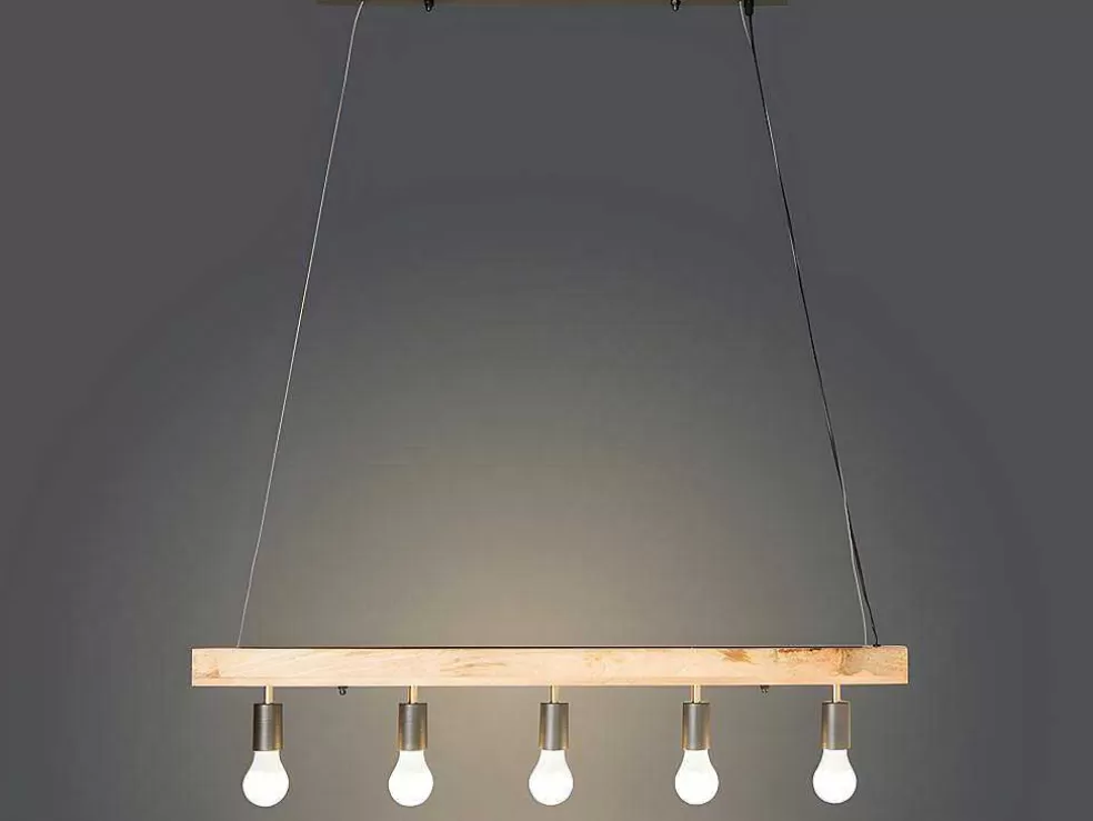 Vente-unique Candeeiro De Teto Viga De Madeira 5 Lampadas Estilo Industrial Madeira E Metal - A. 17,5 X C.100 Cm - Natural E Preto - Julbo* Candeeiro Suspenso