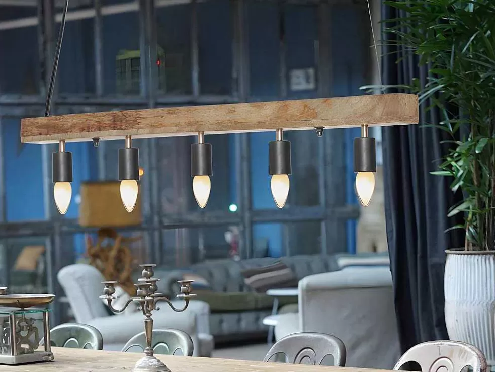 Vente-unique Candeeiro De Teto Viga De Madeira 5 Lampadas Estilo Industrial Madeira E Metal - A. 17,5 X C.100 Cm - Natural E Preto - Julbo* Candeeiro Suspenso