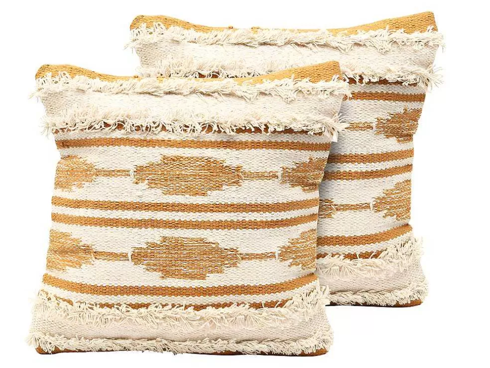 OZAIA Conjunto De 2 Almofadas Com Franjas Em Algodao De 40 X 40 Cm Cor Amarelo E Bege - Karius* Têxtil De Casa
