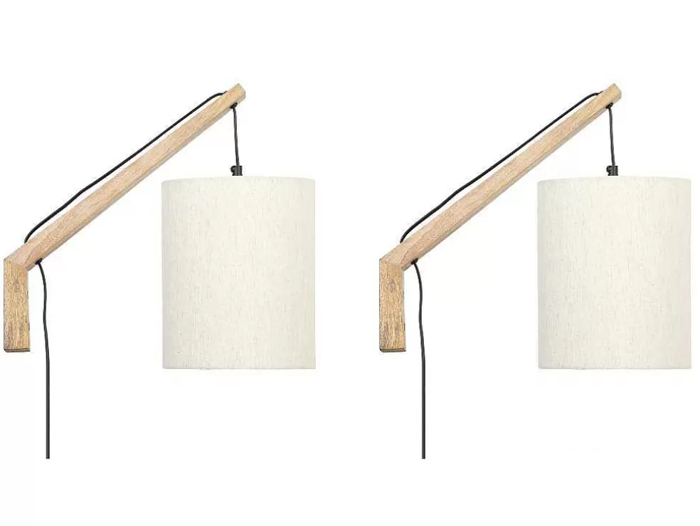 OZAIA Conjunto De 2 Apliques De Parede Estilo Escandinavo D. 35 X A. 48 Cm Madeira E Tecido Natural E Bege - Paliana* Candeeiro De Parede