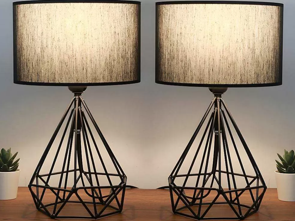 OZAIA Conjunto De 2 Candeeiros De Mesa Em Metal Cor Preto E Abajur Em Tecido De A. 41 Cm - Anaia* Candeeiro De Mesa
