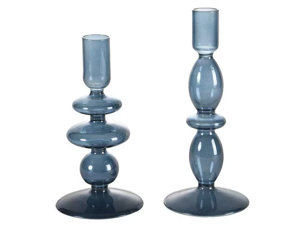 OZAIA Conjunto De 2 Castiçais D. 9 X A. 21 Cm E D. 9 E A. 18,5 Cm Vidro Azul - Kandie* Castiçais Decorativos E Velas