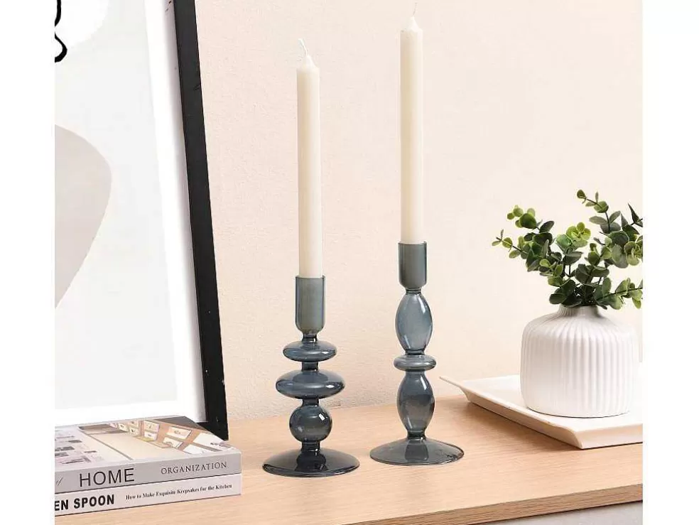 OZAIA Conjunto De 2 Castiçais D. 9 X A. 21 Cm E D. 9 E A. 18,5 Cm Vidro Azul - Kandie* Castiçais Decorativos E Velas