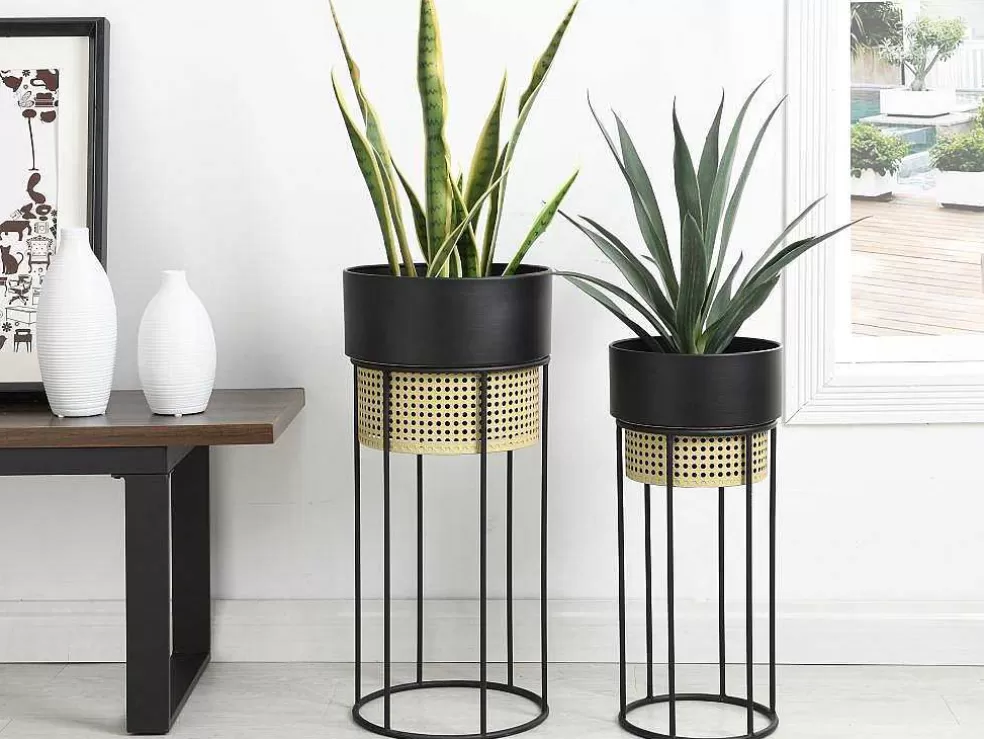 OZAIA Conjunto De 2 Vasos De Ornamentacao Com Pe Efeito Empalhamento Em Ferro De D.30,5 X A.66 Cm E D.24,5 X A.55 Cm Cor Preto E Dourado - Covel* Objeto De Decoração Interior