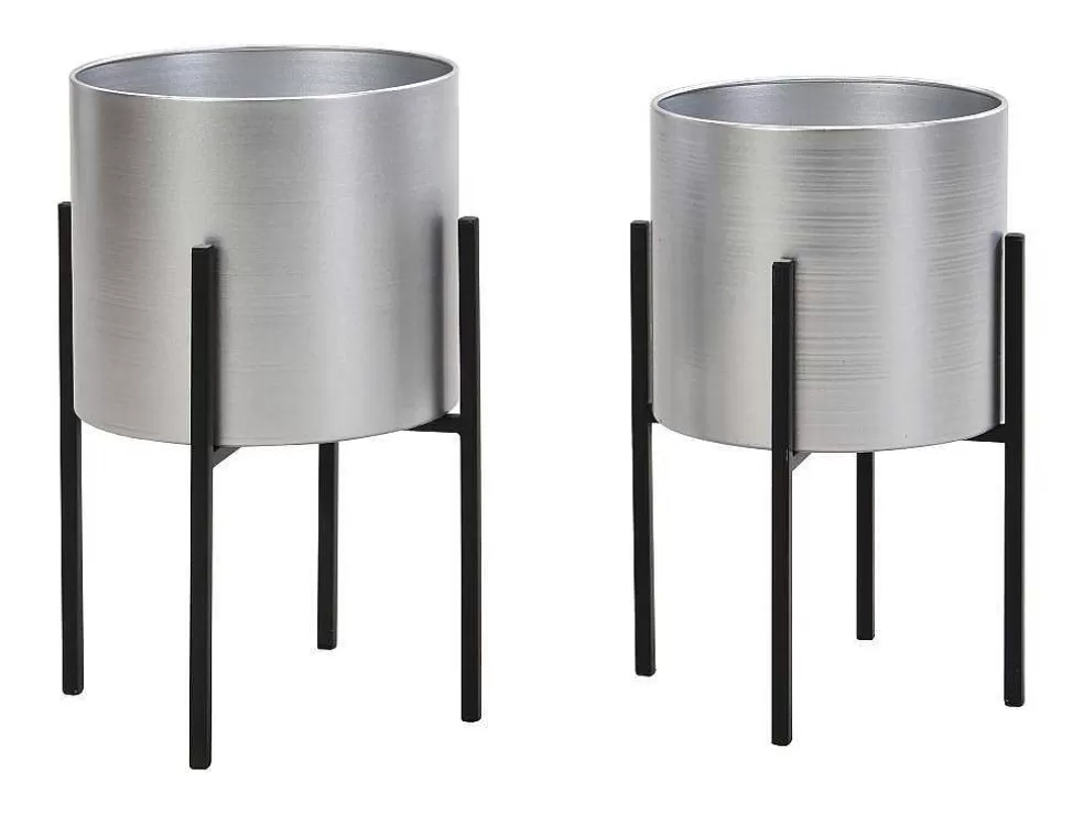 OZAIA Conjunto De 2 Vasos Decorativos Com Pe Em Metal D25Xa39 Cm E D23Xa35,5 Cm Prateado E Preto - Edmee* Objeto De Decoração Interior