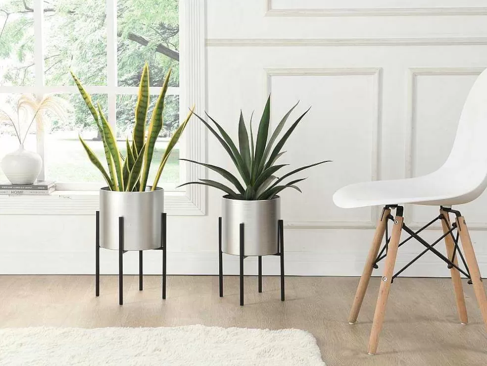 OZAIA Conjunto De 2 Vasos Decorativos Com Pe Em Metal D25Xa39 Cm E D23Xa35,5 Cm Prateado E Preto - Edmee* Objeto De Decoração Interior