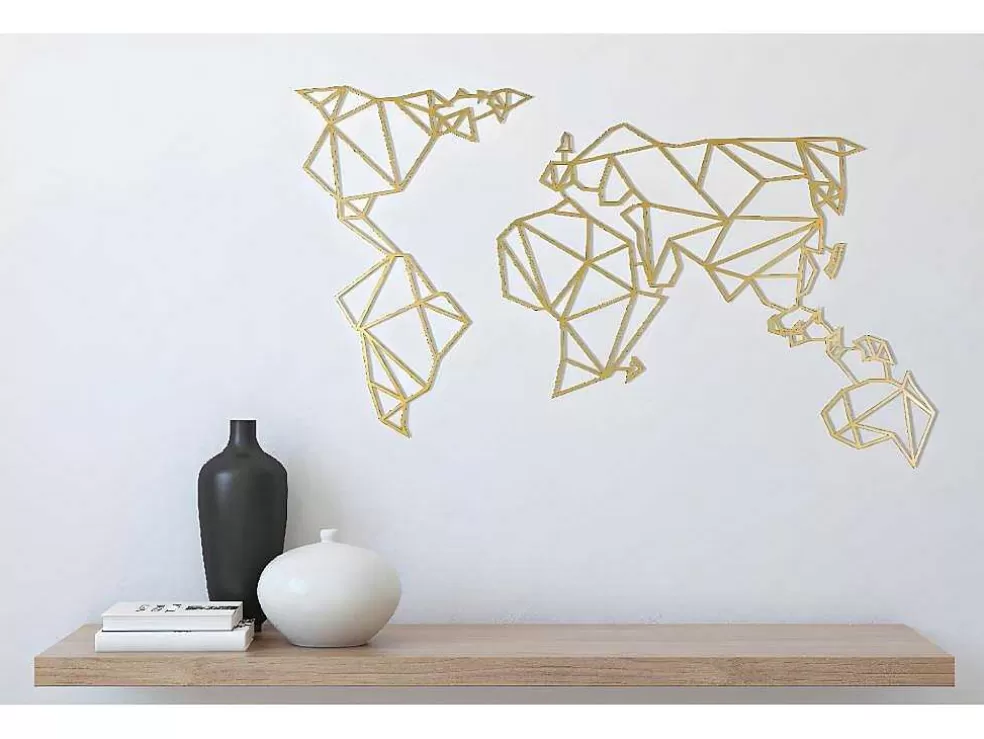 EPIKASA Decoração Metalica Mapa Do Mundo 18, Ouro, 100X1,5X58 Cm, * Placa De Parede Decorativa