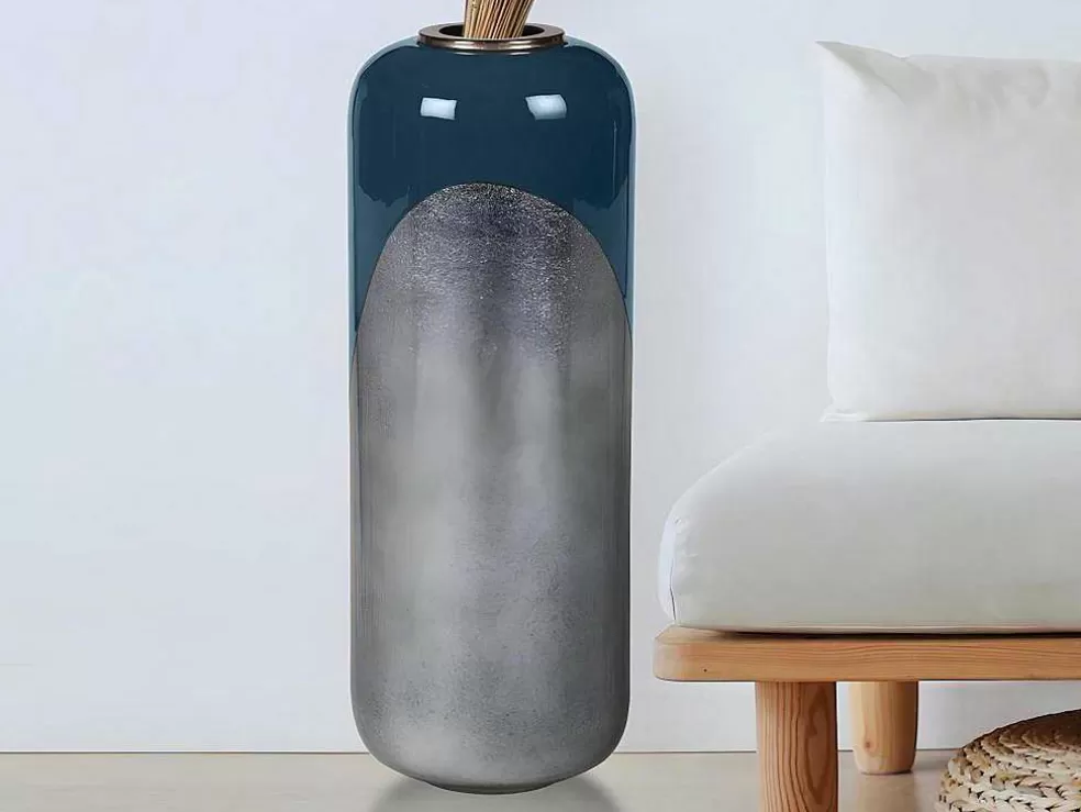 OZAIA Grande Vaso Em Metal Esmaltado D. 30 X A. 82 Cm Preto E Folha Prateada - Perlin* Objeto De Decoração Interior