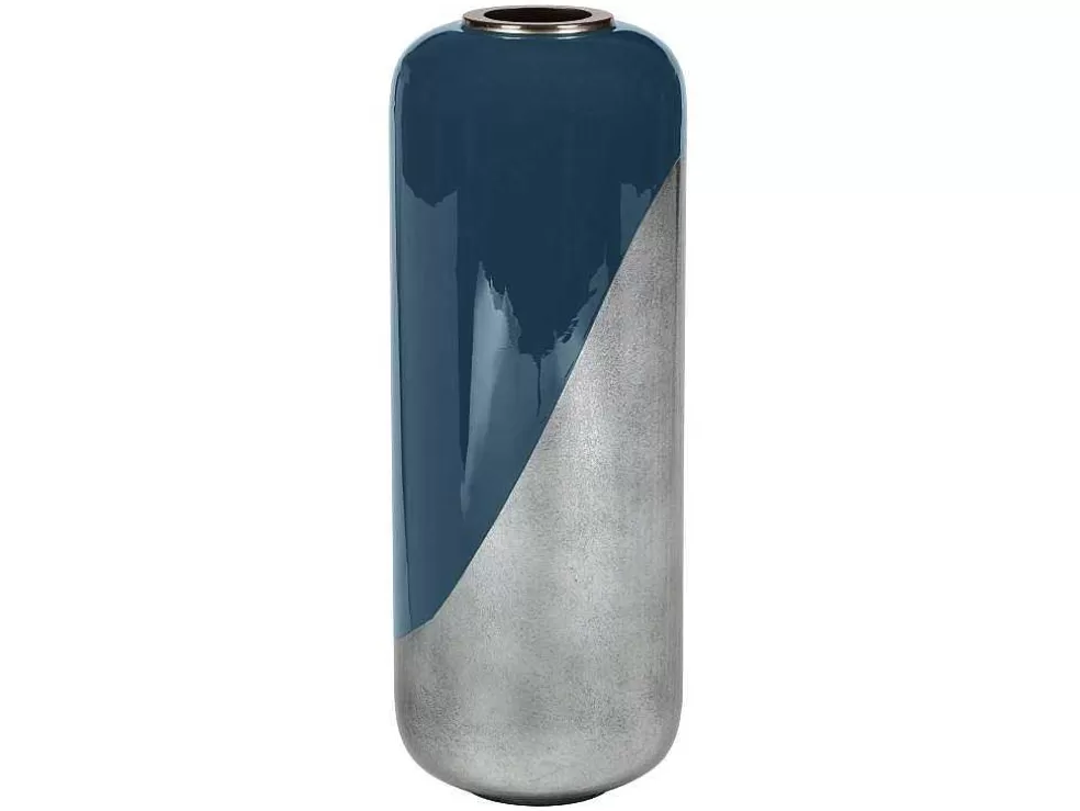 OZAIA Grande Vaso Em Metal Esmaltado D. 30 X A. 82 Cm Preto E Folha Prateada - Perlin* Objeto De Decoração Interior