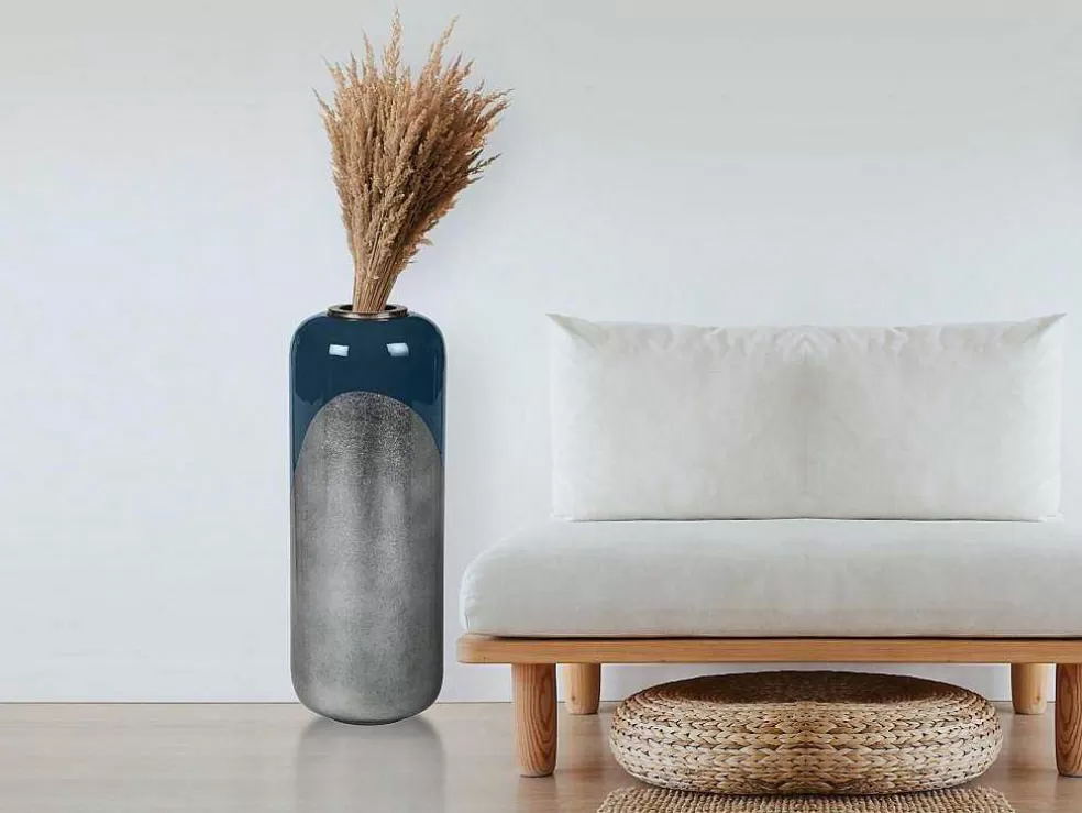 OZAIA Grande Vaso Em Metal Esmaltado D. 30 X A. 82 Cm Preto E Folha Prateada - Perlin* Objeto De Decoração Interior