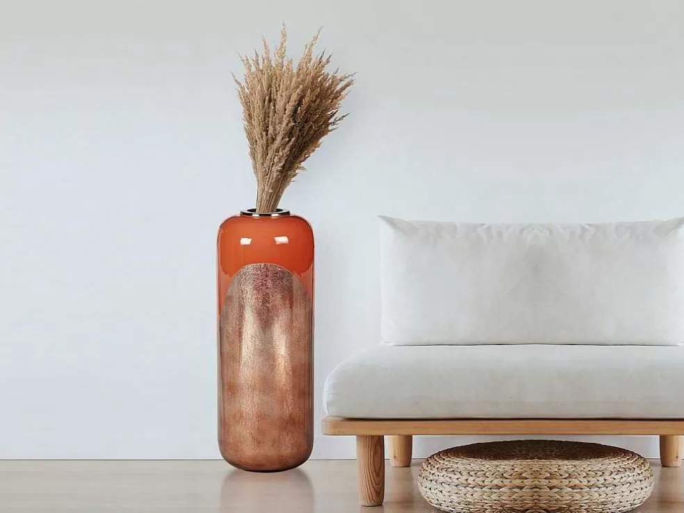 OZAIA Grande Vaso Em Metal Esmaltado D. 30 X A. 82 Cm Terracota E Folha Acobreada - Perlin* Objeto De Decoração Interior