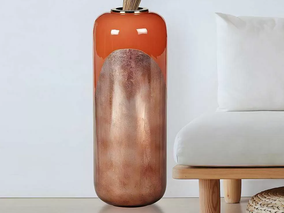 OZAIA Grande Vaso Em Metal Esmaltado D. 30 X A. 82 Cm Terracota E Folha Acobreada - Perlin* Objeto De Decoração Interior