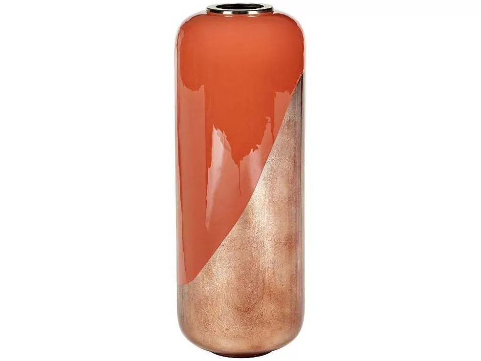 OZAIA Grande Vaso Em Metal Esmaltado D. 30 X A. 82 Cm Terracota E Folha Acobreada - Perlin* Objeto De Decoração Interior