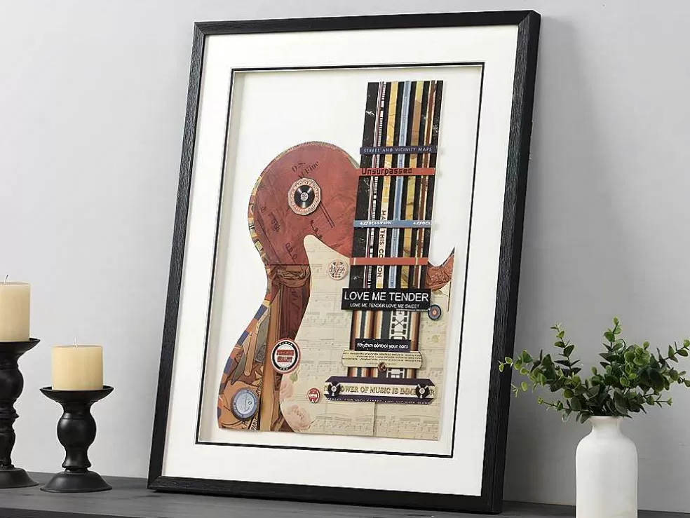 OZAIA Quadro Multicolor Colagem Guitarra Efeito 3D Com Moldura Preta De 50 X 70 Cm - Hero* Quadro