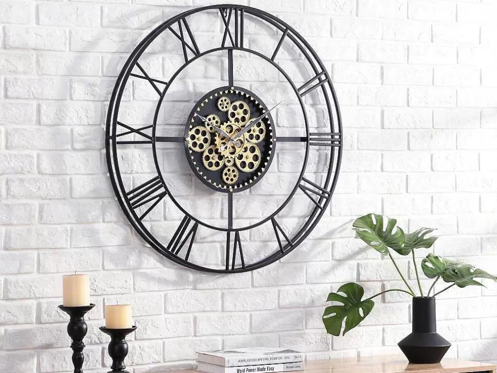 Vente-unique Relógio De Parede Industrial D. 80 Cm Metal Preto E Dourado - Karial* Relógio De Parede